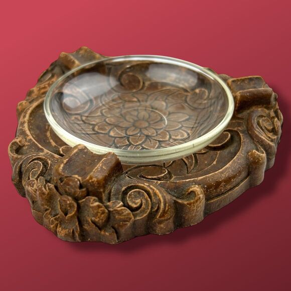 Antique Art Nouveau Floral Wood Glass Ashtray Hand Carved Cottagecore Boho - Picture 4 of 7